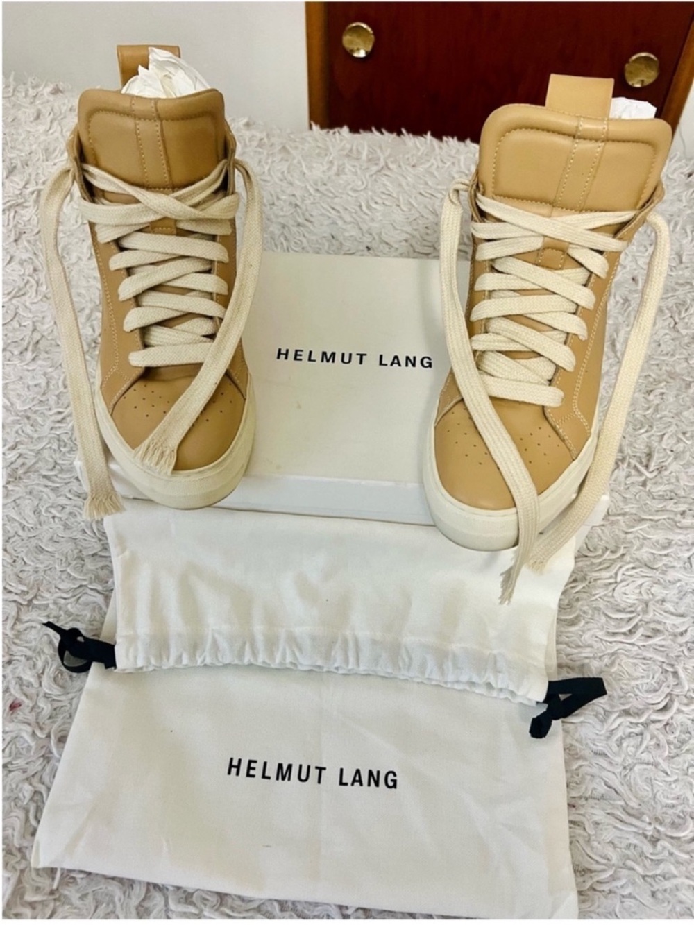 Helmut Lang Beige High-Top Leather Sneakers W Box and Dust Bag